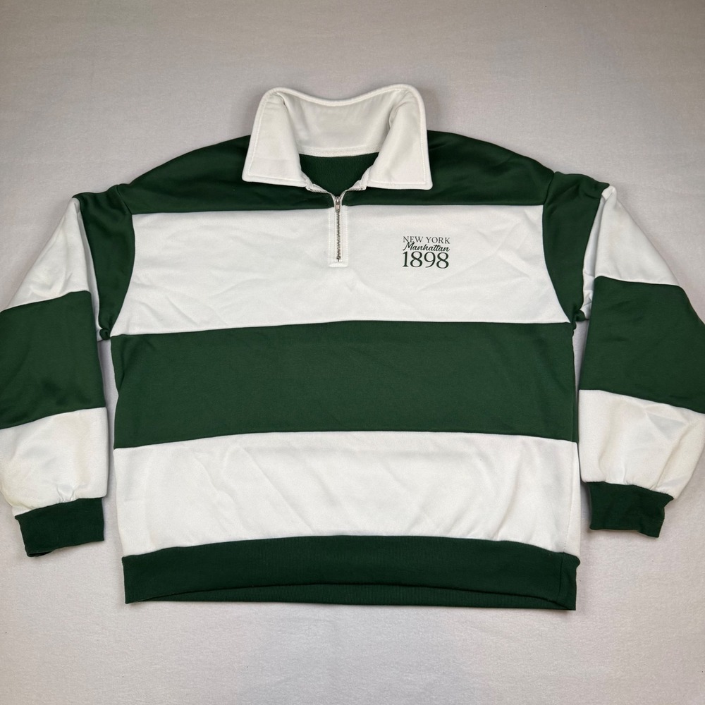 Shein Womens Green White Striped Quarter Zip New York Manhattan 1898 Sweatshirt
